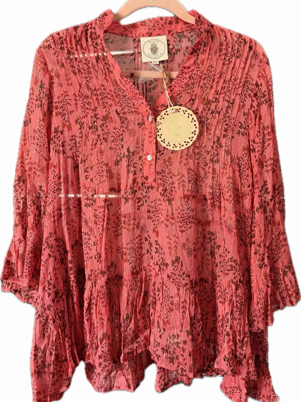 Boho Pintuck Peasant Blouse in Coral with Floral Print